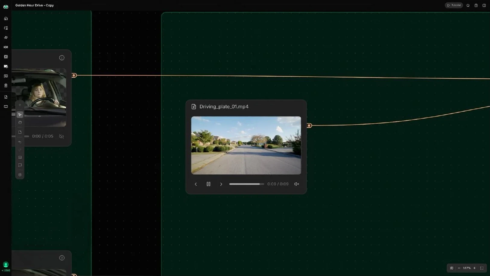 The driving plate clip connected into the Canvas graph alongside the matted car footage
