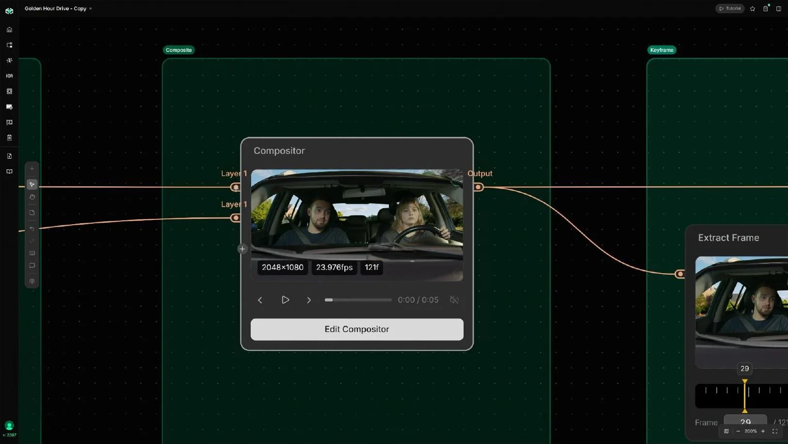 The Compositor node combining the foreground and driving plate on two layers