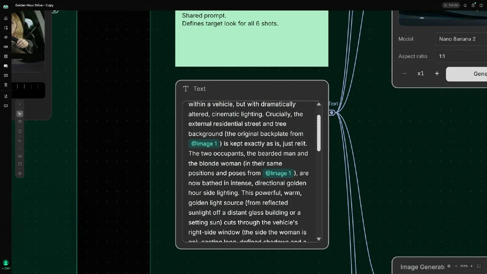 A Text node holding the shared golden hour prompt that defines the target look for all six shots