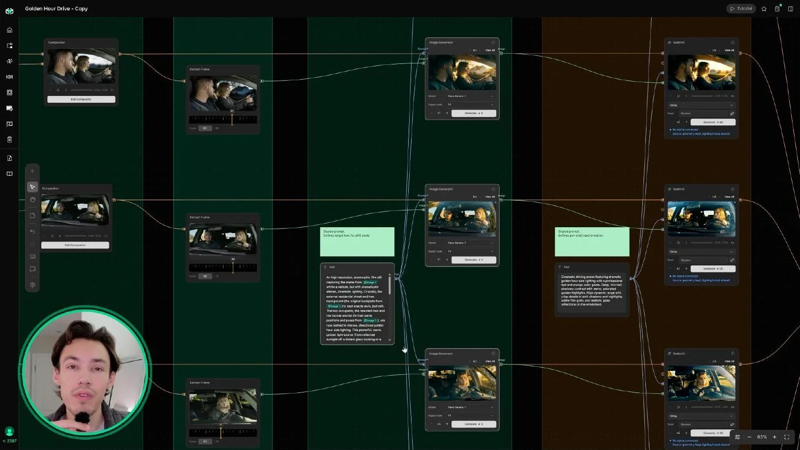 The full Canvas graph with Extract Frame, Image Generator, and SwitchX branches for each shot