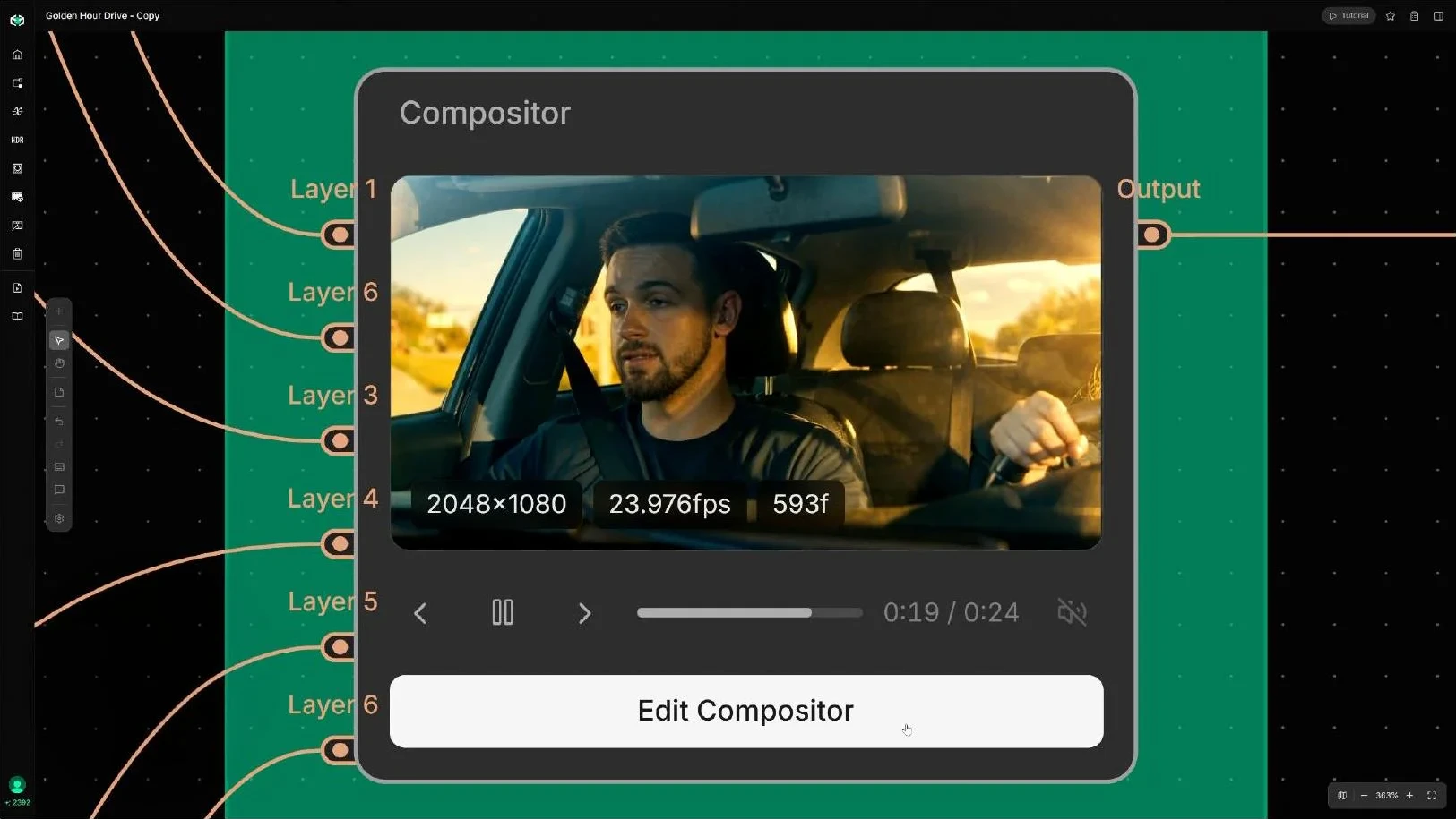 The Compositor node playing back all six relit shots on separate layers