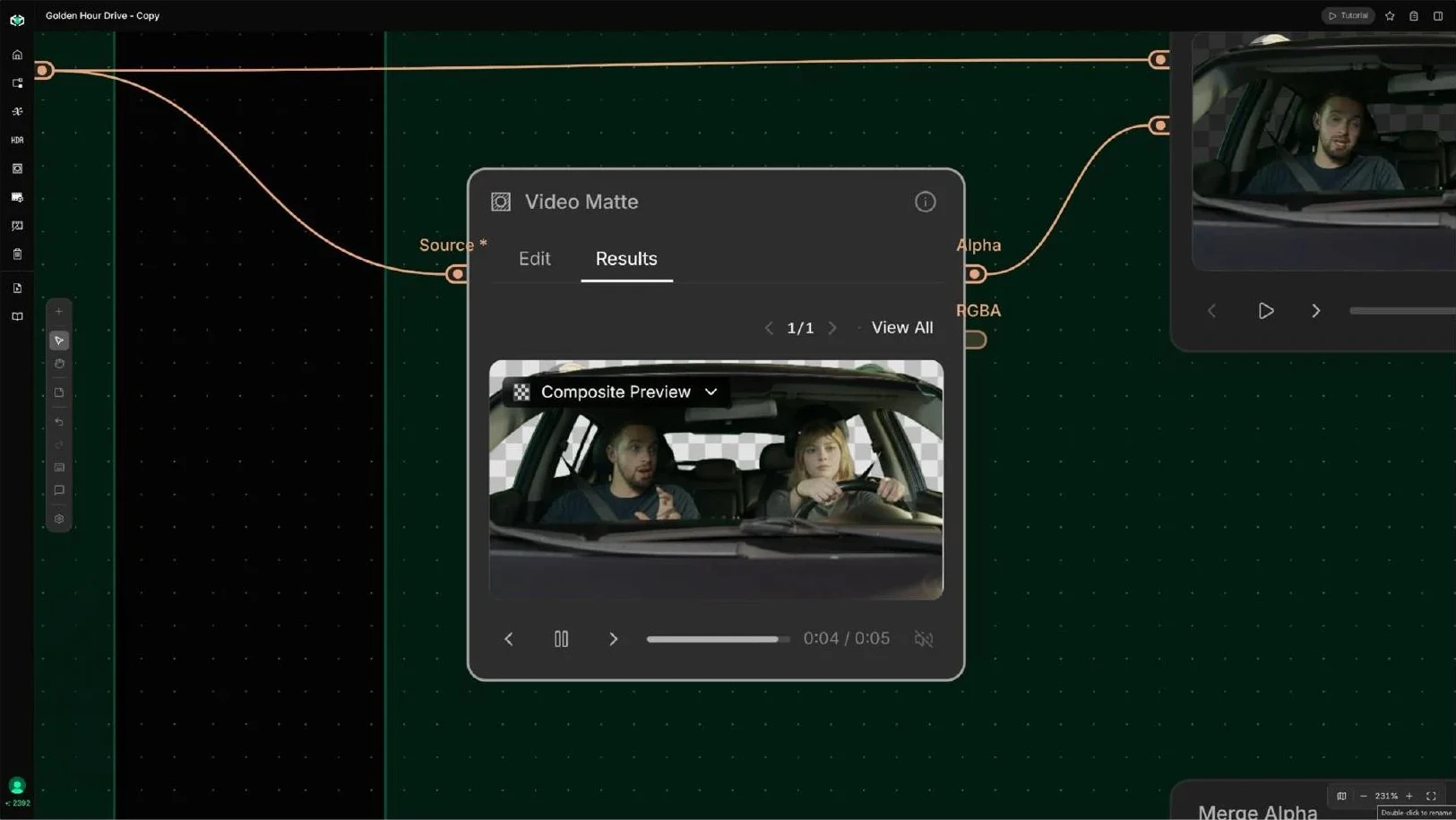 The Video Matte results tab showing the extracted foreground plate over a transparent background