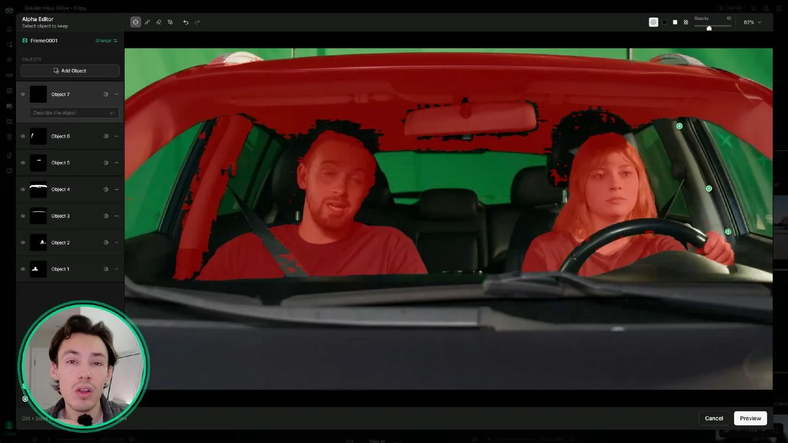 Point Select in the Alpha Editor marking the two actors and the vehicle interior