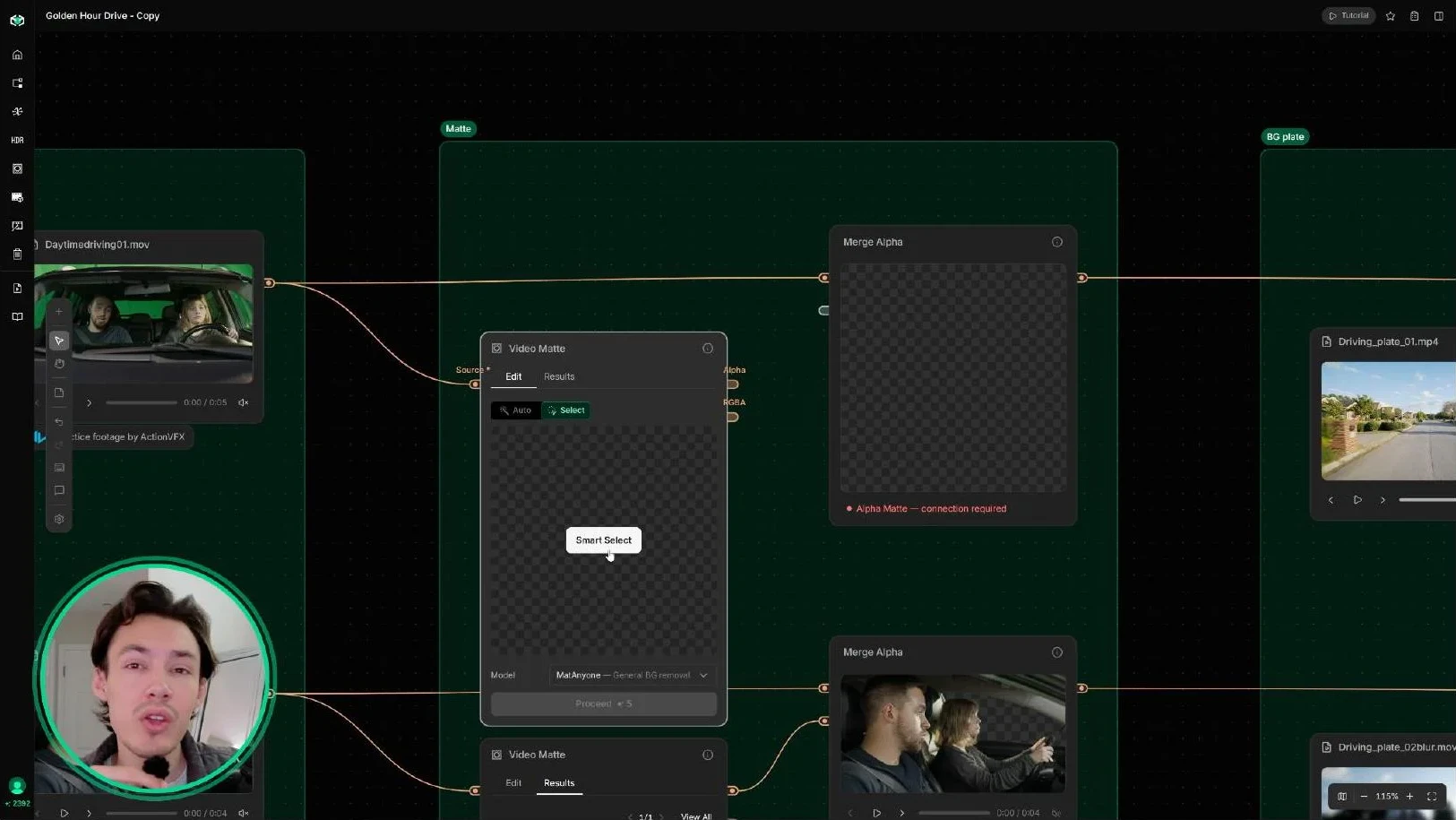 The Video Matte node in the Canvas graph with the Smart Select tool open