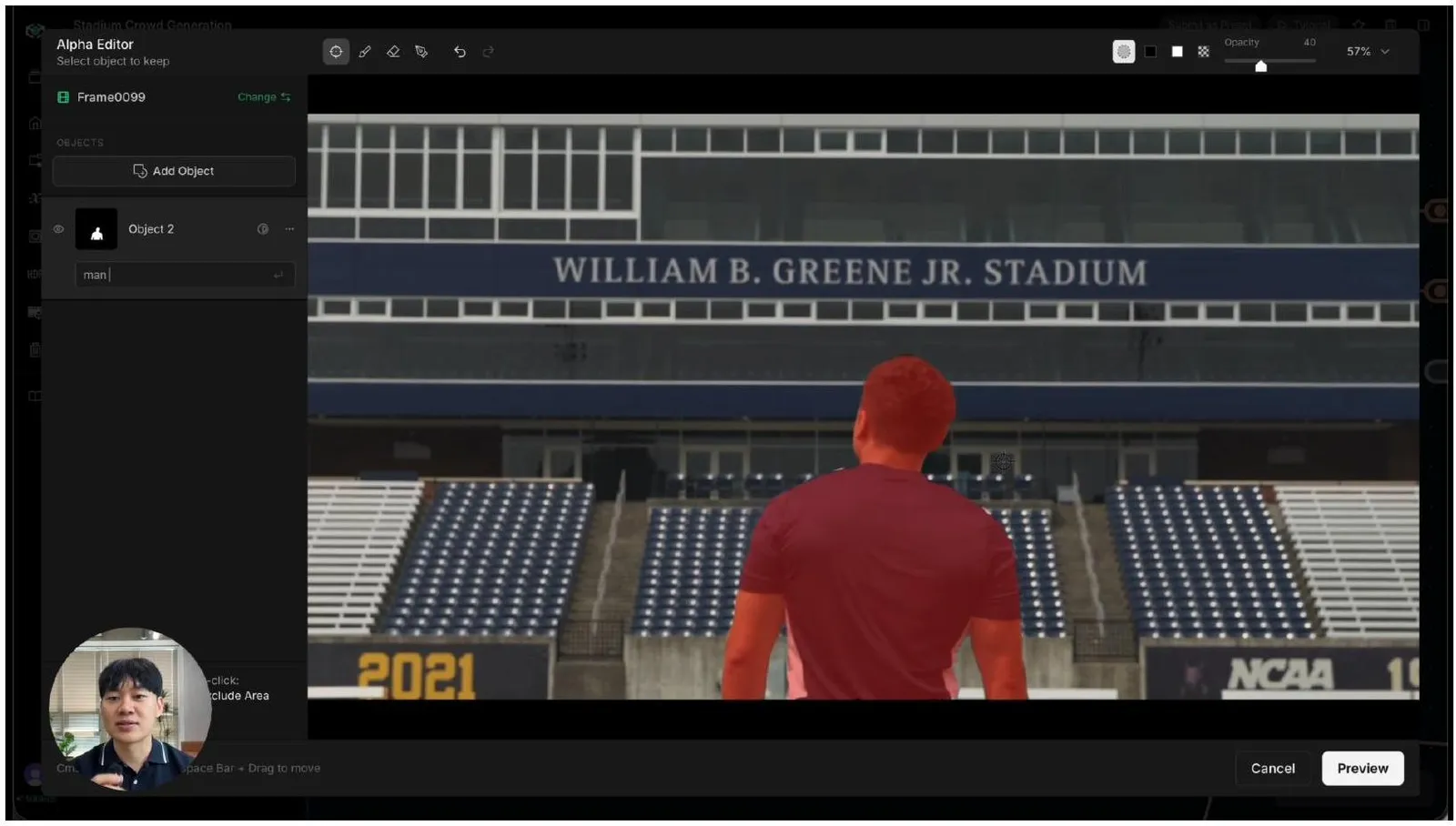 Selecting the football player by typing "man" at frame 99