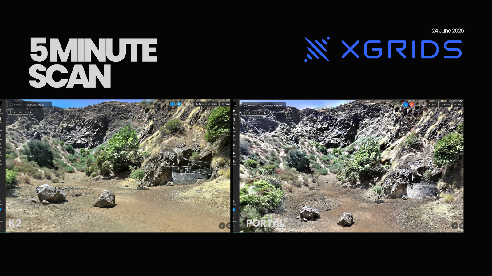 A five-minute spatial scan captured with an XGRIDS device, shown as two Gaussian-splat viewer angles